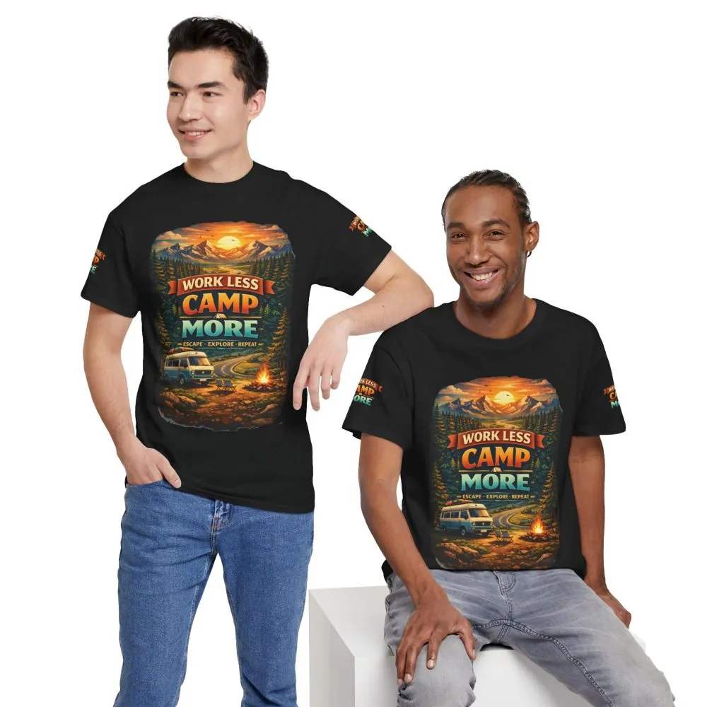 Unisex Heavy Cotton Tee — "Work Less Camp More" Design Scenic-Line