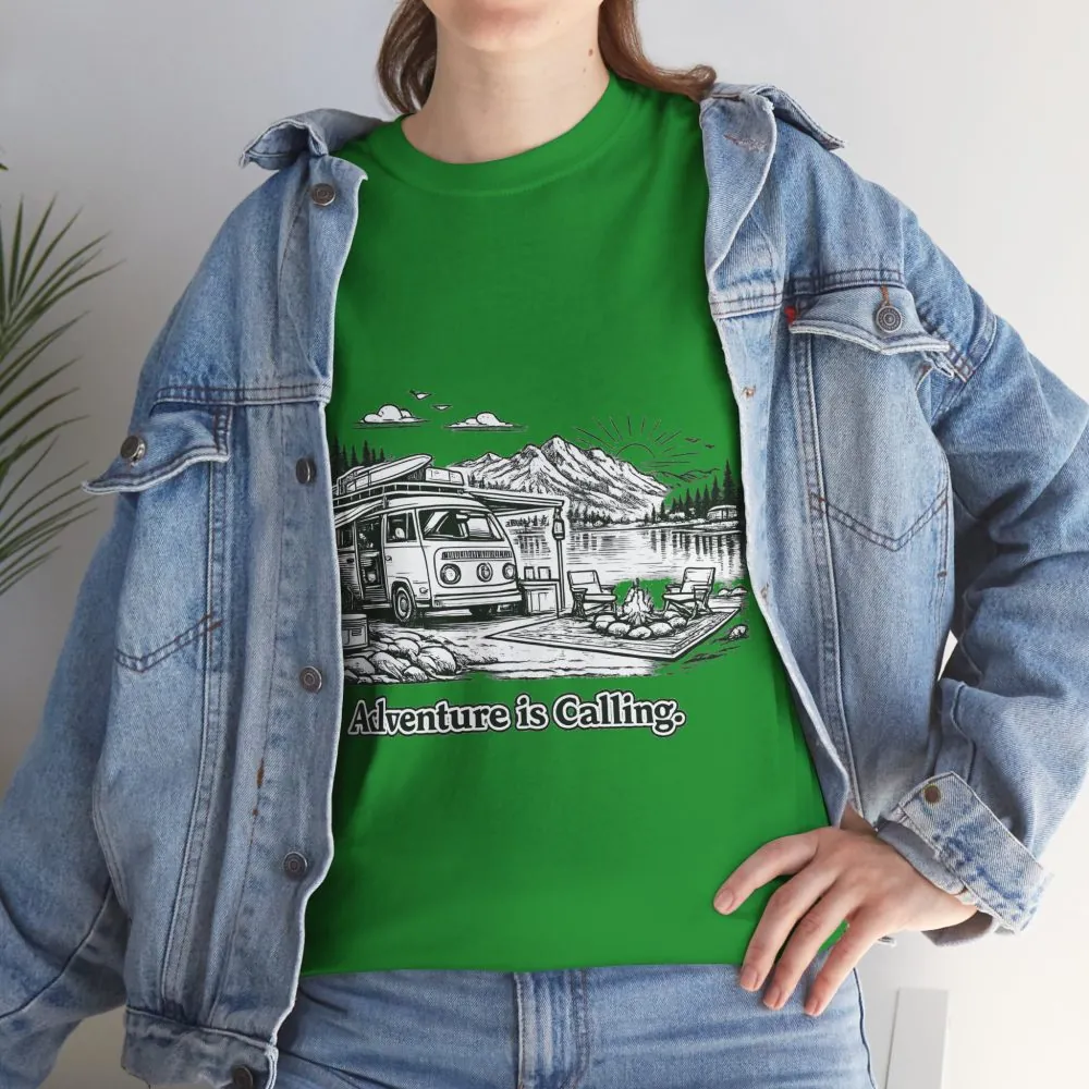 Unisex Heavy Cotton Tee — "Adventure Is Calling" Design Minimal-Line