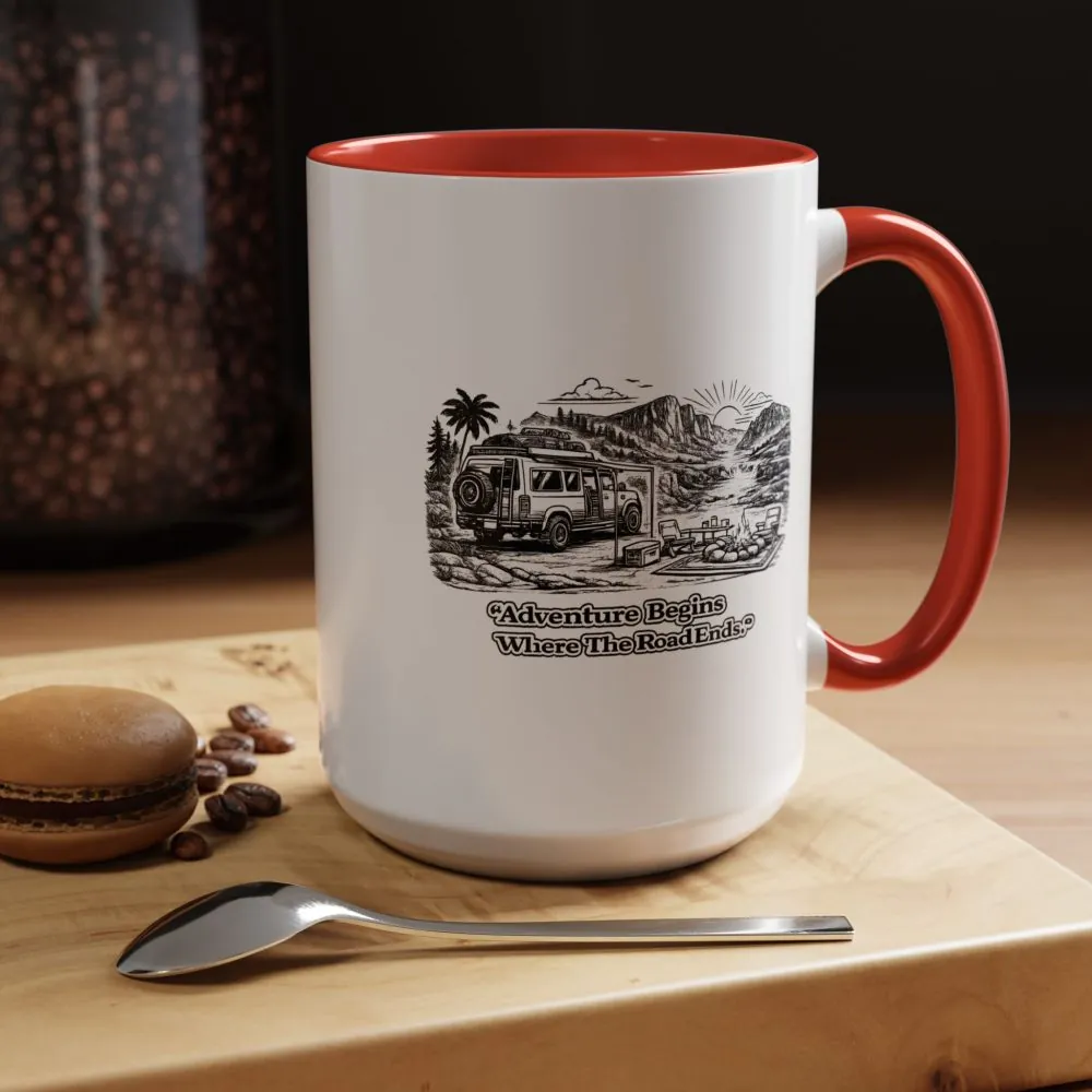 Accent Coffee Mug (11, 15oz) — "Adventure Begins Where The Road Ends" Design Minimal-Line