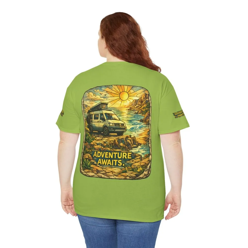 Unisex Heavy Cotton Tee — "Adventure Awaits" Design Cubic-Line