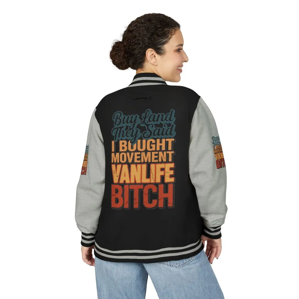 15317919439695061228_2048.jpeg Unisex Heavyweight Letterman Jacket — "Buy Land They Said" Design F**K-Line