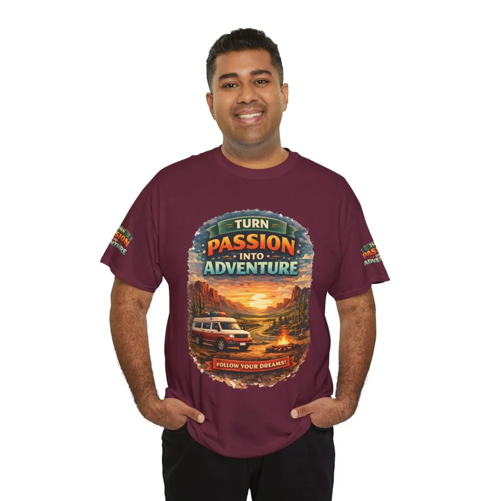 Unisex Heavy Cotton Tee — "Turn Passion Into Adventure" Design Scenic-Line