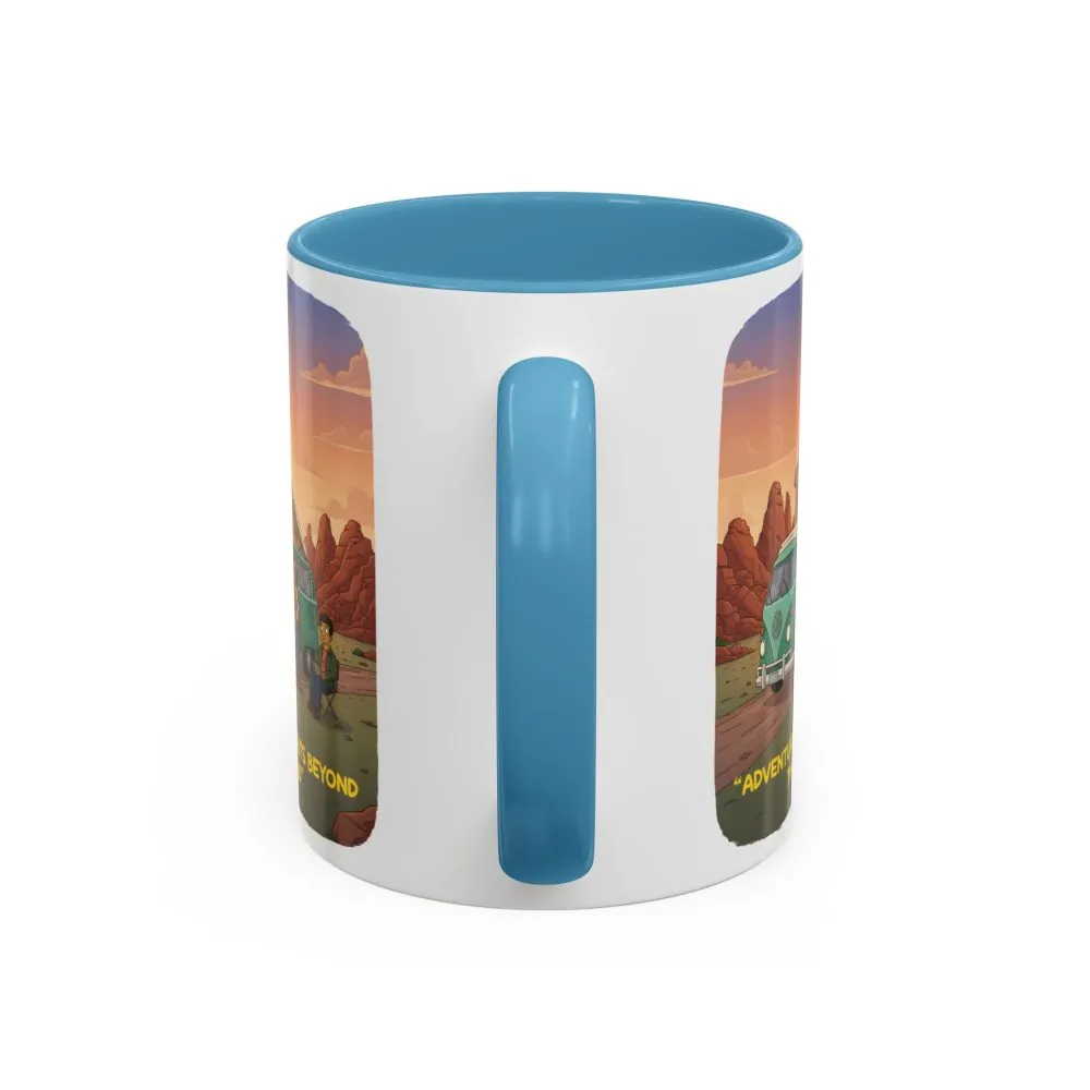 Accent Coffee Mug (11, 15oz) — "Adventure Awaits Beyond The Road" Design Sitcom-Line