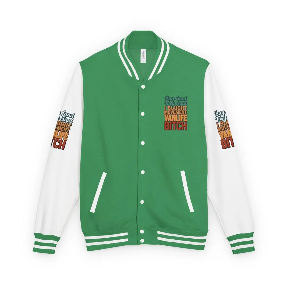 15332869194935485824_2048.jpeg Unisex Heavyweight Letterman Jacket — "Buy Land They Said" Design F**K-Line