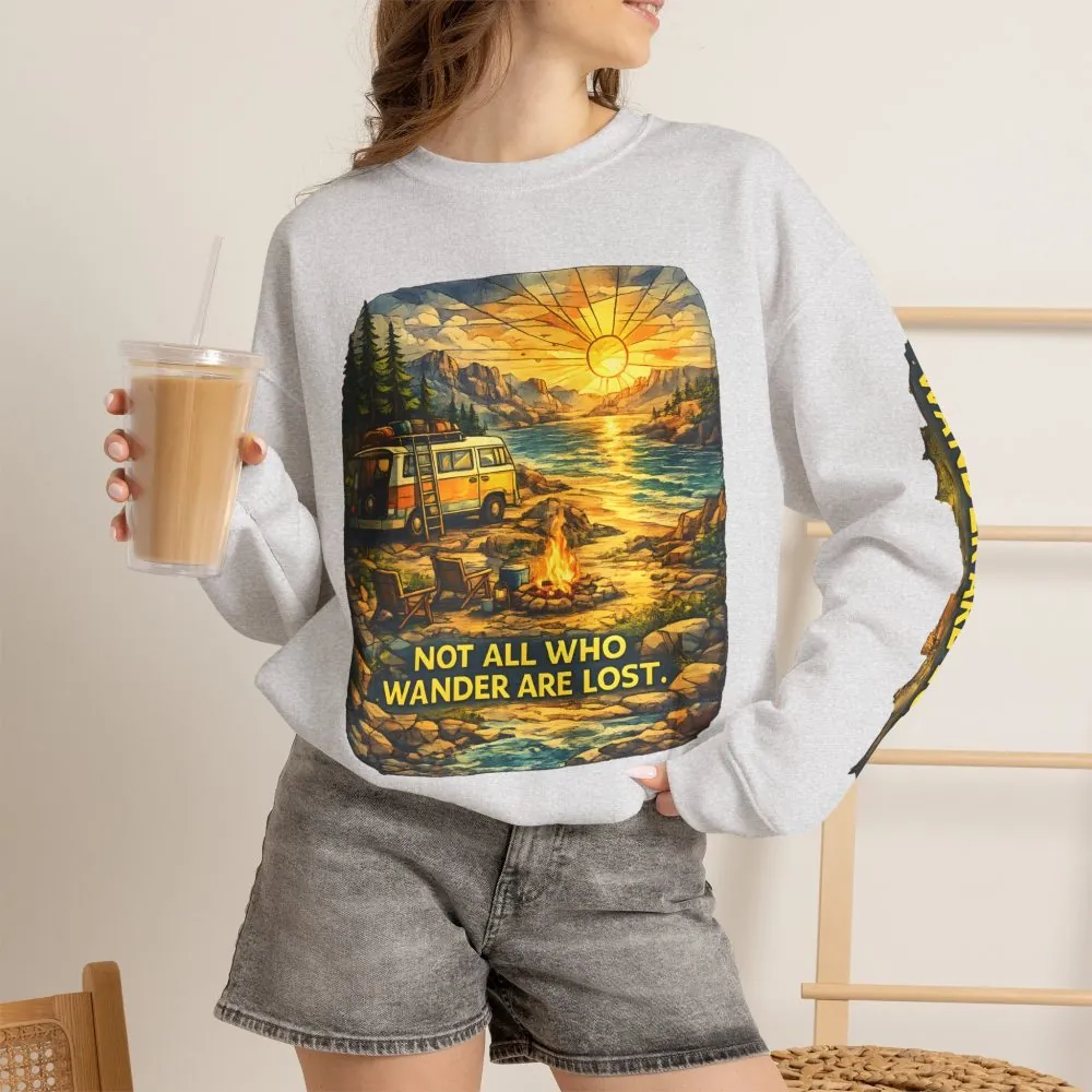 Unisex Heavy Blend™ Crewneck Sweatshirt — "Not All Who Wander Are Lost" Design Cubic-Line