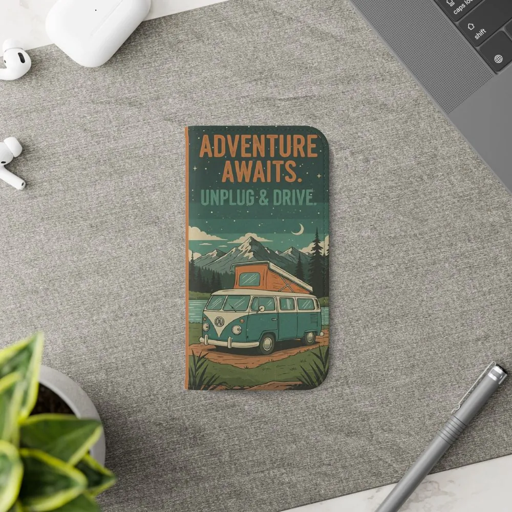 Flip Phone Case — "Adventure Awaits Unplug & Drive" Wallet Case