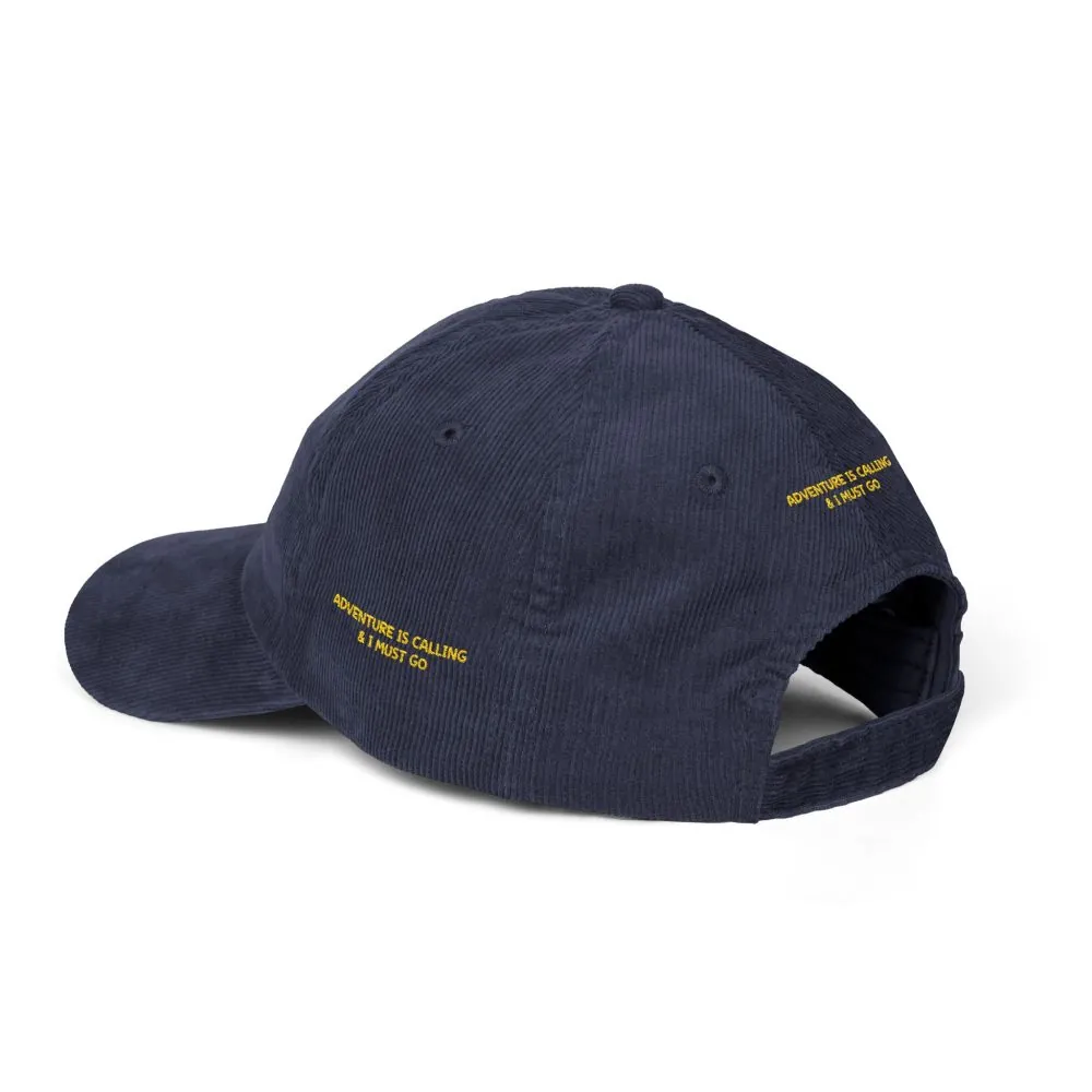 15339746165722751337_2048.jpeg Vintage Corduroy Cap (Embroidery) — "Adventure Is Calling & I Must Go" Embroidered Hat