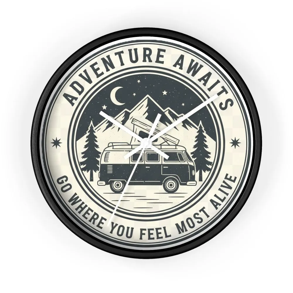 15358254215100591639_2048.jpeg Wall Clock — "Adventure Awaits-Go Where You Feel Most Alive" Camper Van Mountain Travel Timepiece