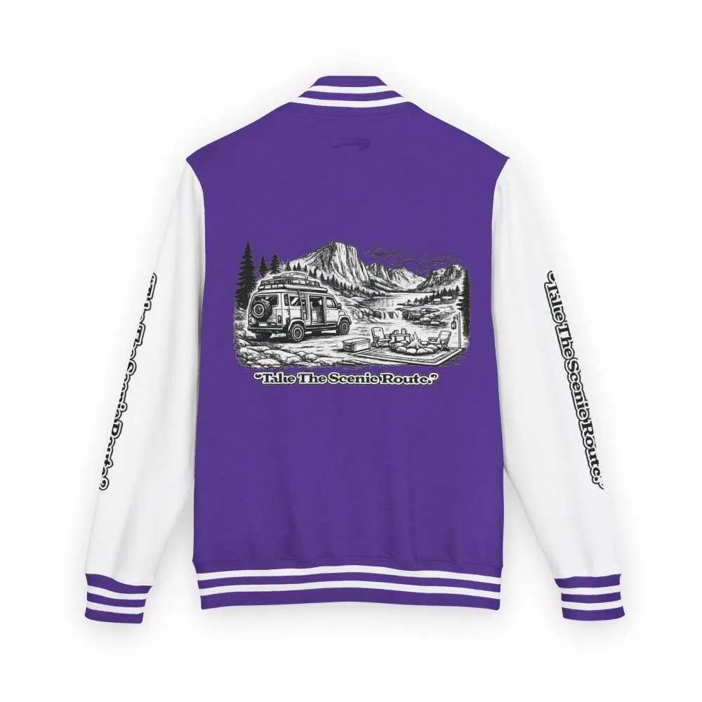 Unisex Heavyweight Letterman Jacket — "Take The Scenic Route" Travel Varsity Coat