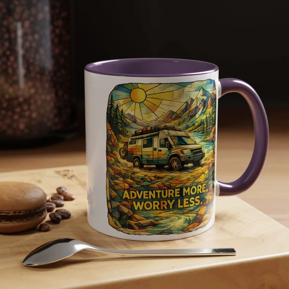Accent Coffee Mug (11, 15oz) — "Adventure More Worry Less" Design Cubic-Line