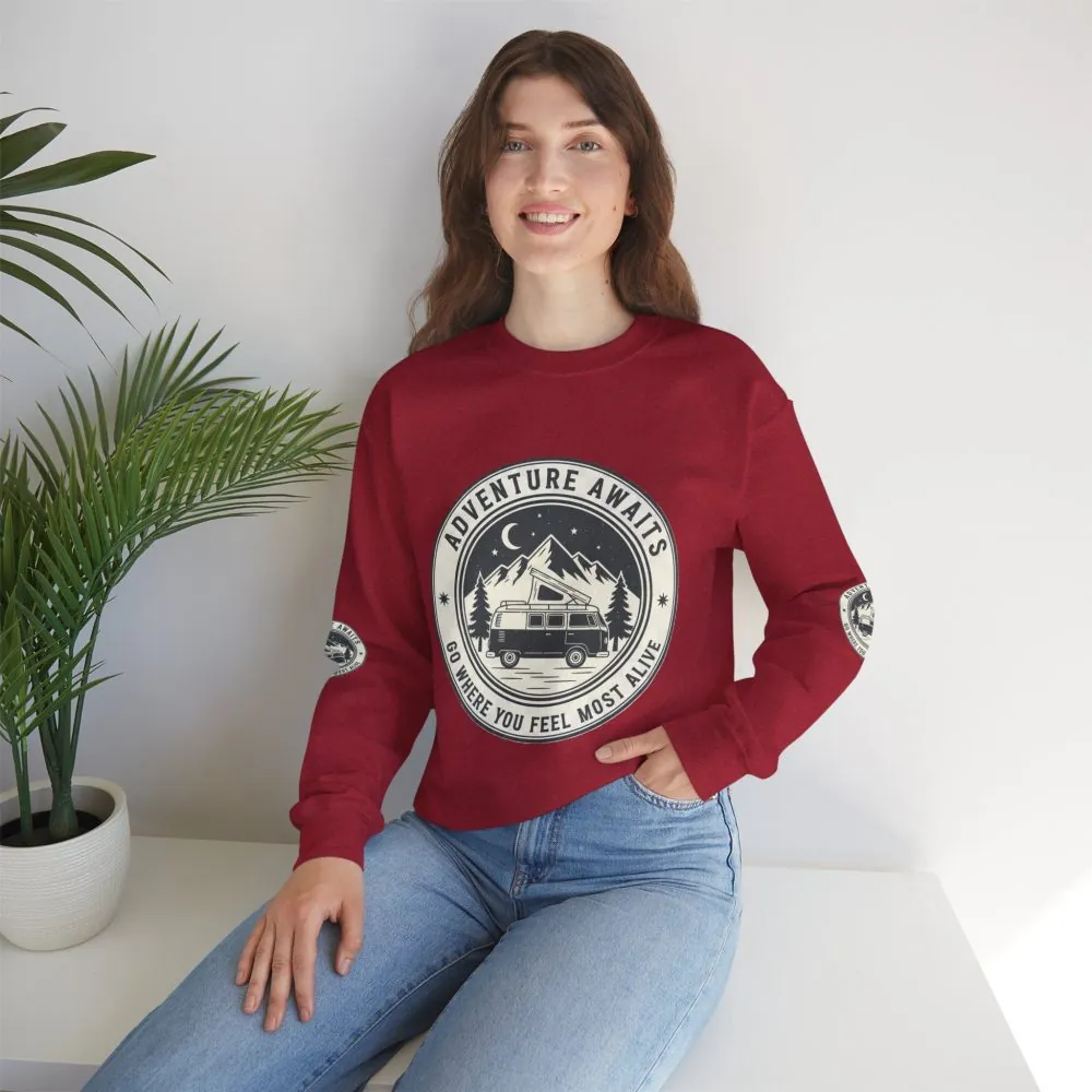 Crewneck Sweatshirt — "Adventure Awaits-Go Where You Feel Most Alive" (Font + Back + Sleaves printed) Vintage Camper Van Outdoor Graphic