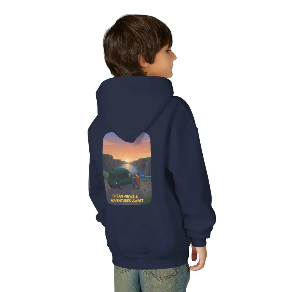 Youth Hoodie(Gildan) – "Ocean Views-Adventures Awaits" (Design Sitcom-Line)
