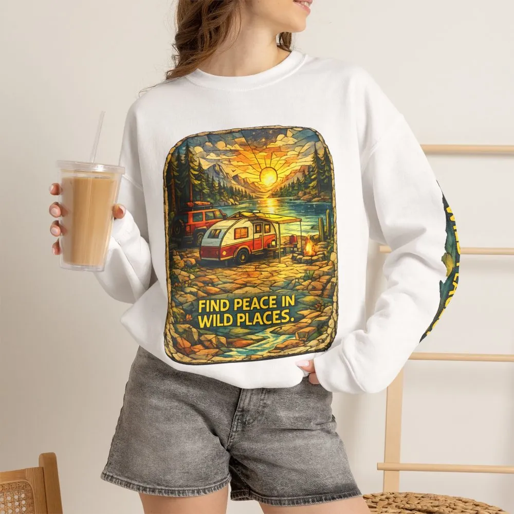 Unisex Heavy Blend™ Crewneck Sweatshirt — "Find Peace In Wild Places" Design Cubic-Line
