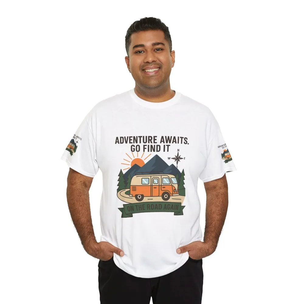 Unisex Heavy Cotton Tee — 'Adventure Awaits. Go Find It' Camper Van T‑Shirt