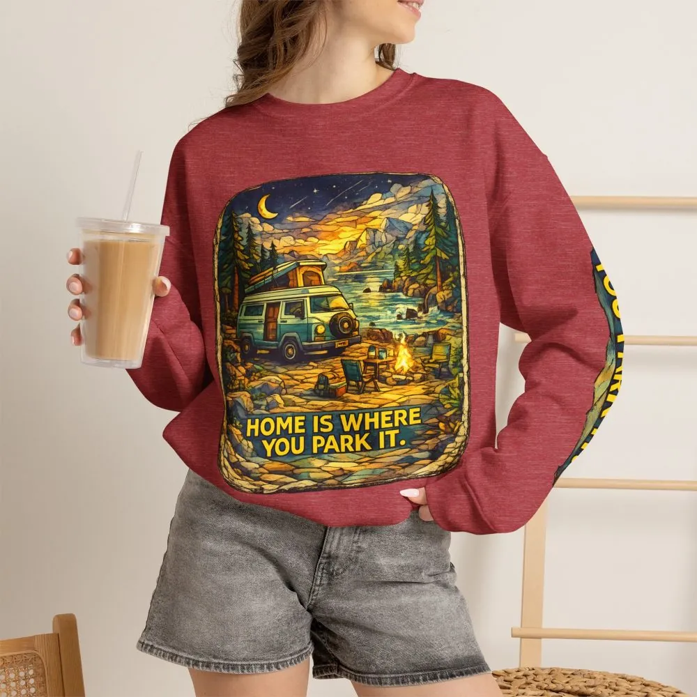 Unisex Heavy Blend™ Crewneck Sweatshirt — "Home Is Where You Park It" Design Cubic-Line