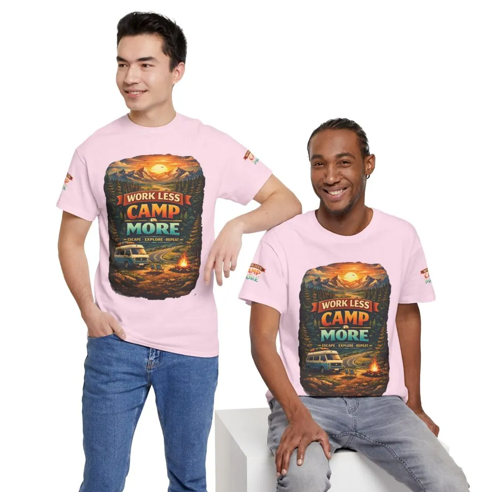 Unisex Heavy Cotton Tee — "Work Less Camp More" Design Scenic-Line