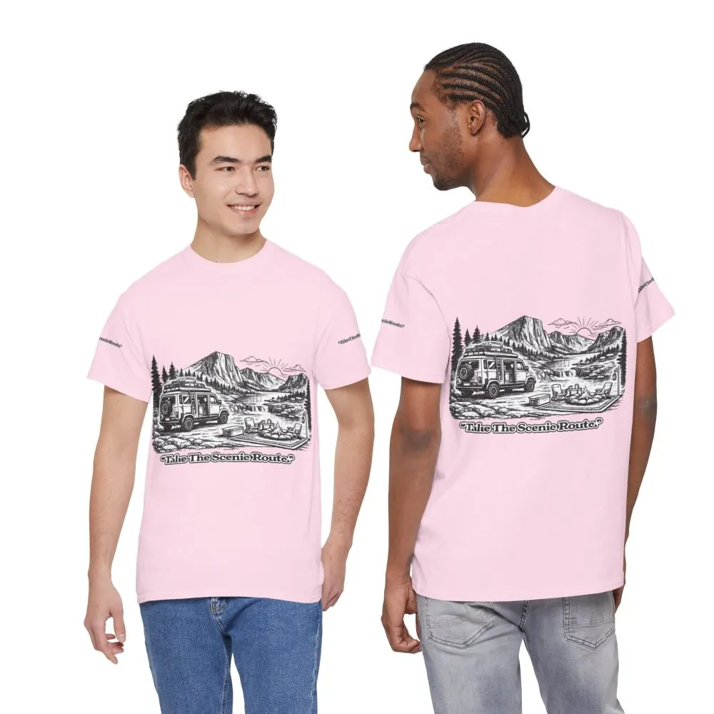 Unisex Heavy Cotton Tee — "Take The Scenic Route" Design Minimal-Line