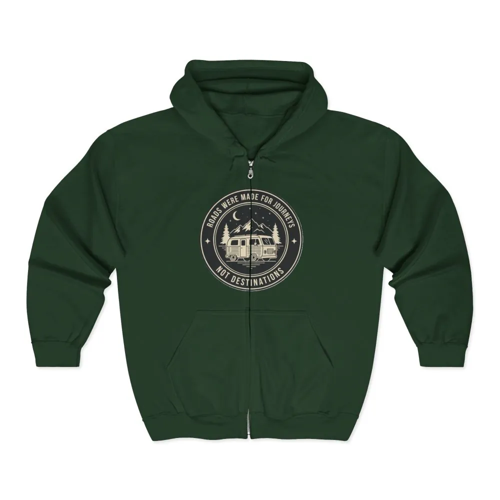 Zip Hoodie — "ROAD WHERE MADE FOR JOURNEYS-NOT DESTINATIONS"(Front + Back Printed) Camper Van Adventure Zip-Up