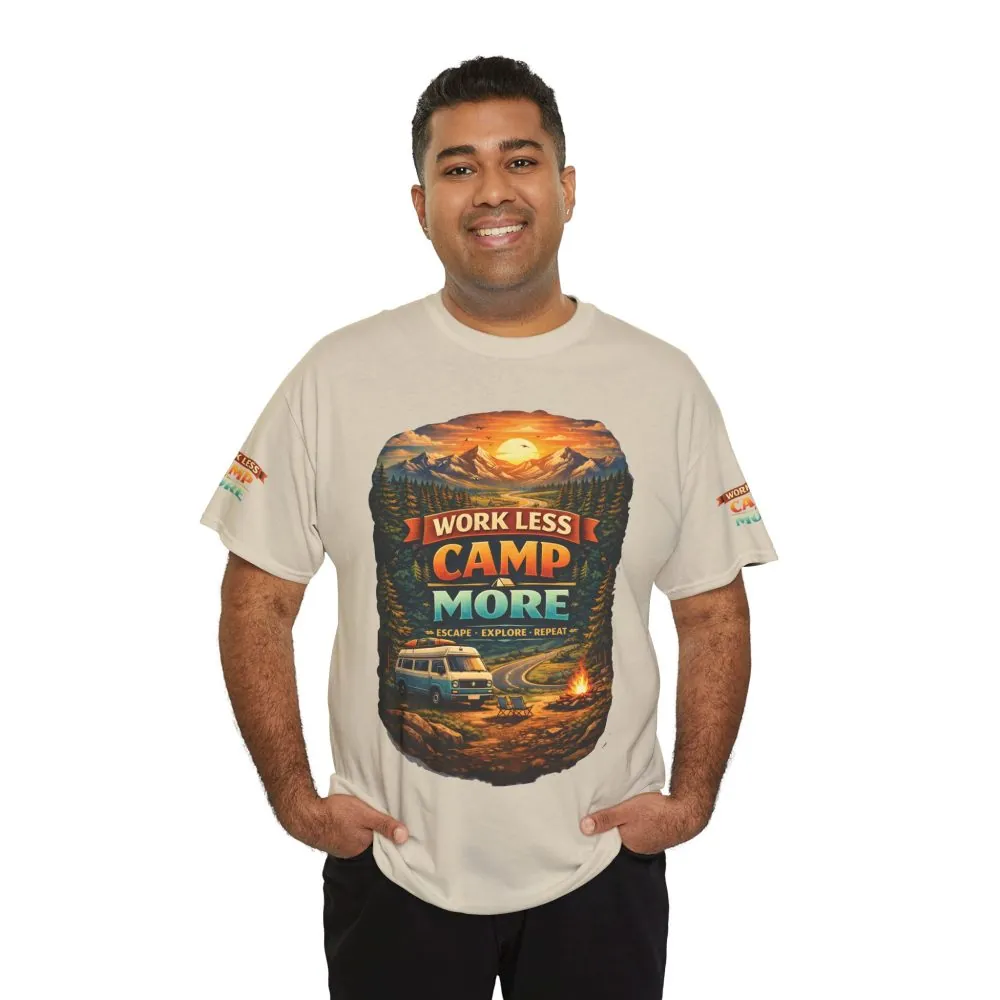 Unisex Heavy Cotton Tee — "Work Less Camp More" Design Scenic-Line