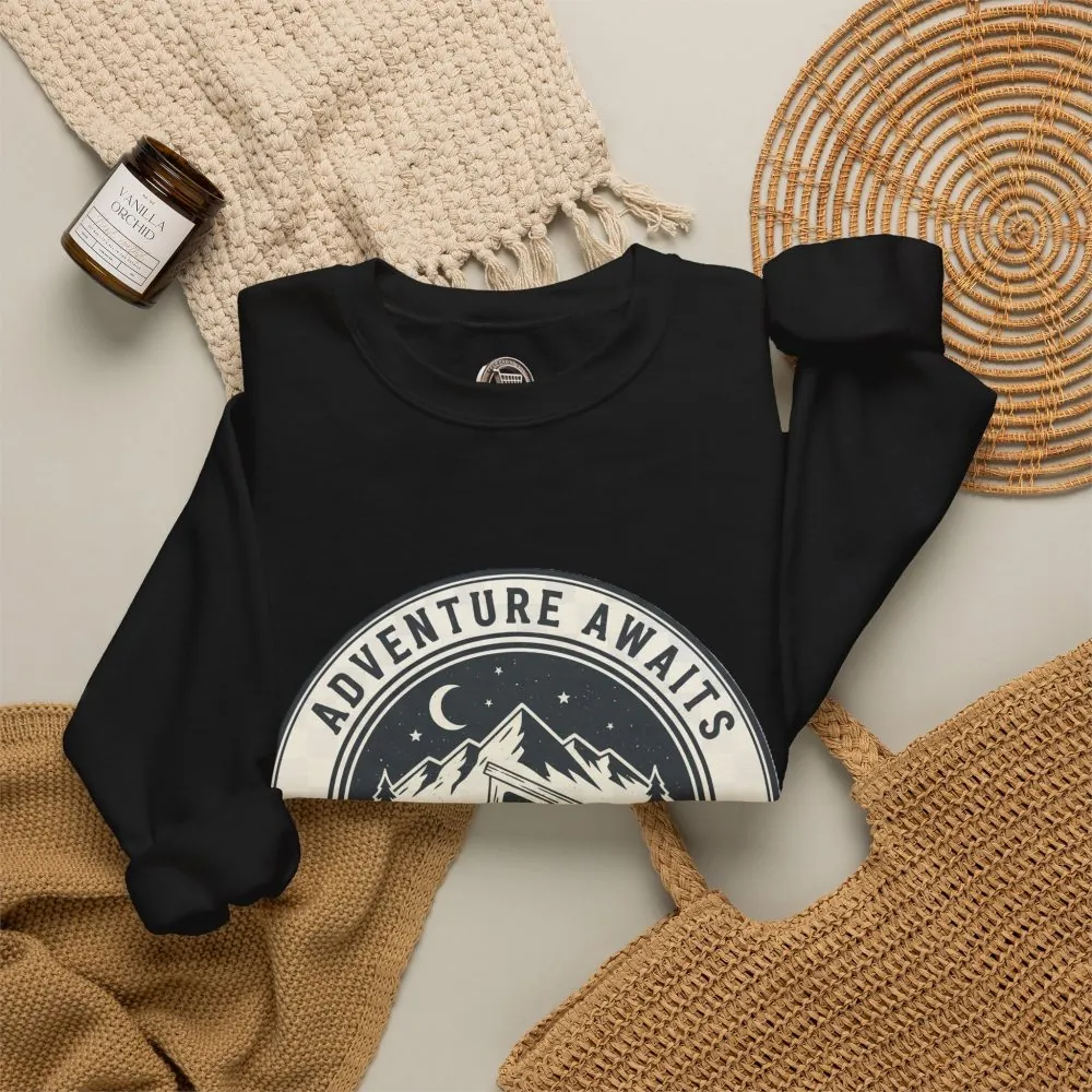Crewneck Sweatshirt — "Adventure Awaits-Go Where You Feel Most Alive" (Font + Back + Sleaves printed) Vintage Camper Van Outdoor Graphic