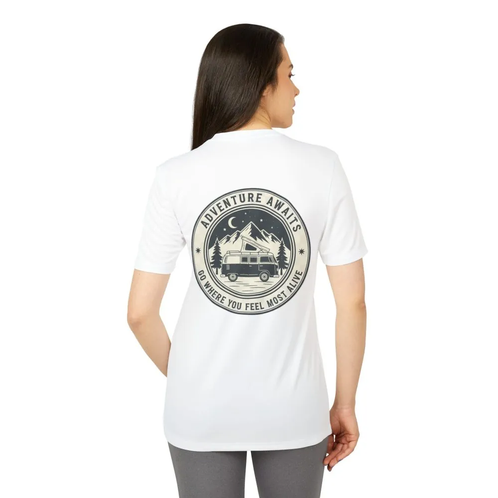 T-Shirt(Adidas) - 'Adventure Awaits-Go Where You Feel Most Alive' (Front + back printed)