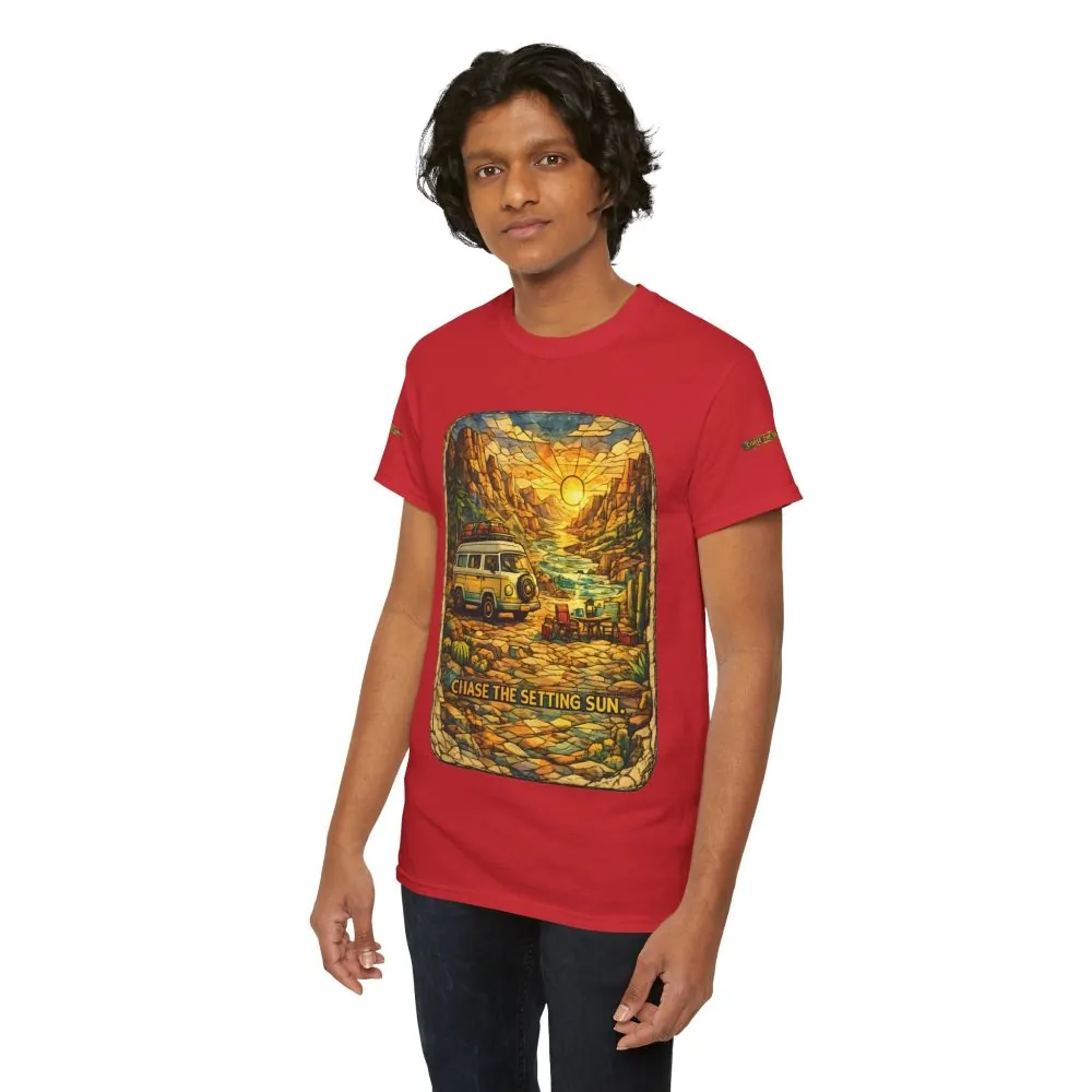 Unisex Heavy Cotton Tee — "Chase The Settings Sun" Design Cubic-Line