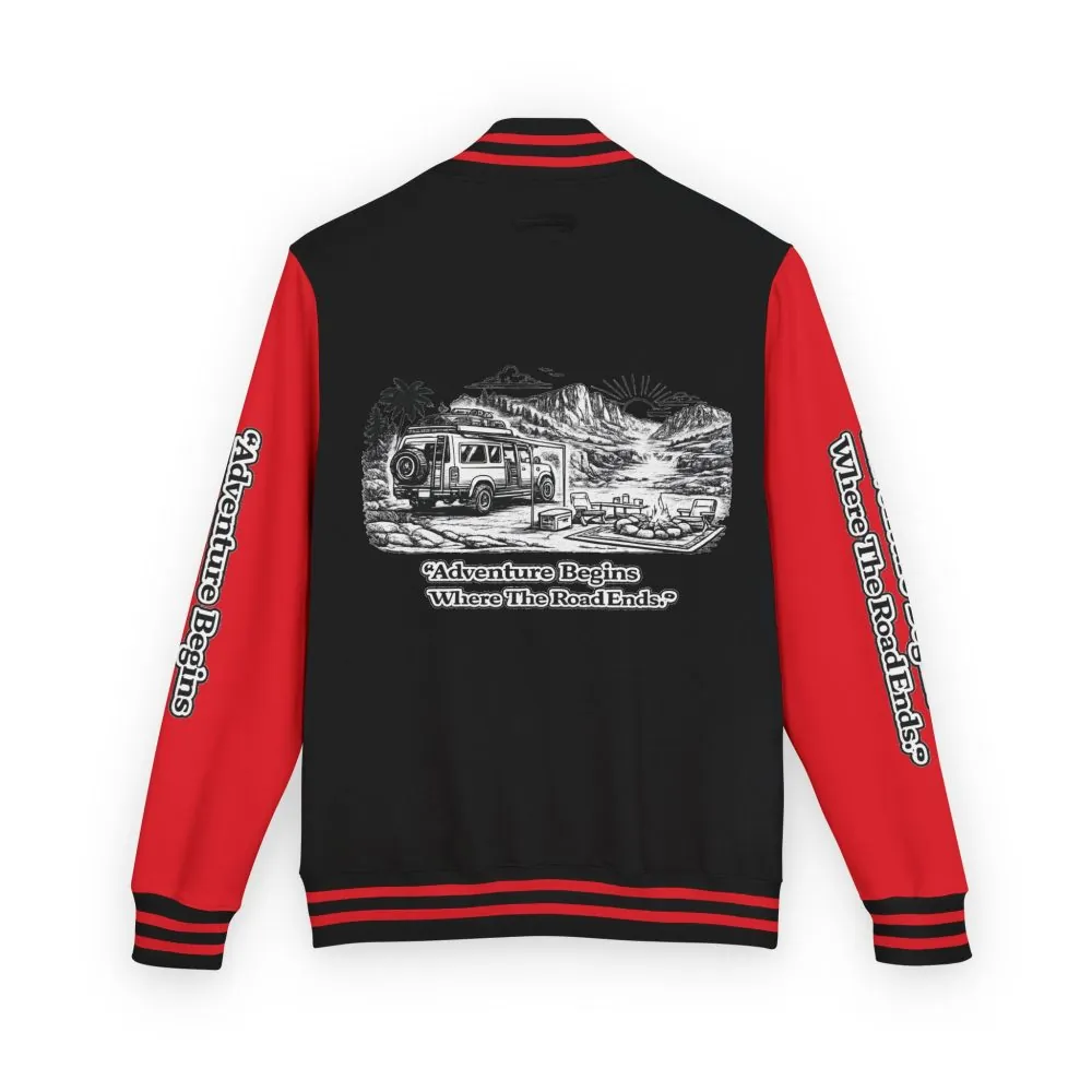 Unisex Heavyweight Letterman Jacket — "Adventure Begins Where The Road Ends" Travel Varsity Coat