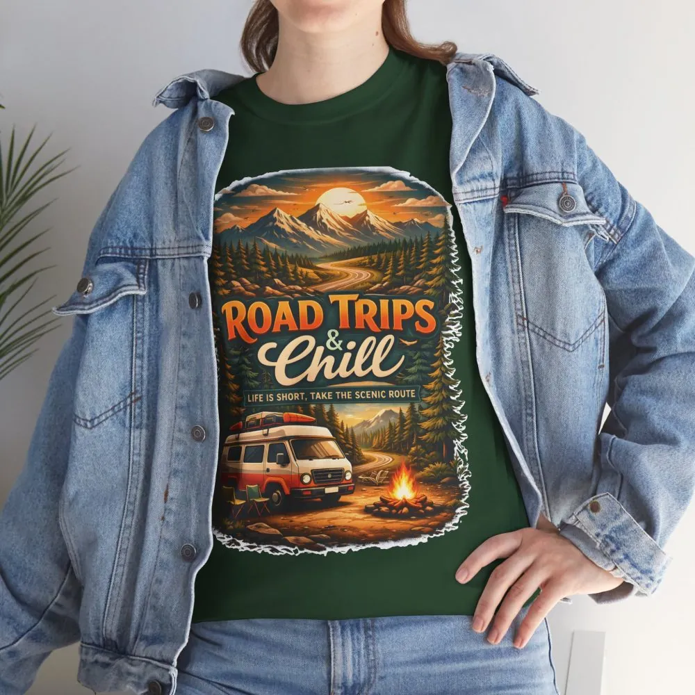 Unisex Heavy Cotton Tee — "Road Trips & Chill" Design Scenic-Line