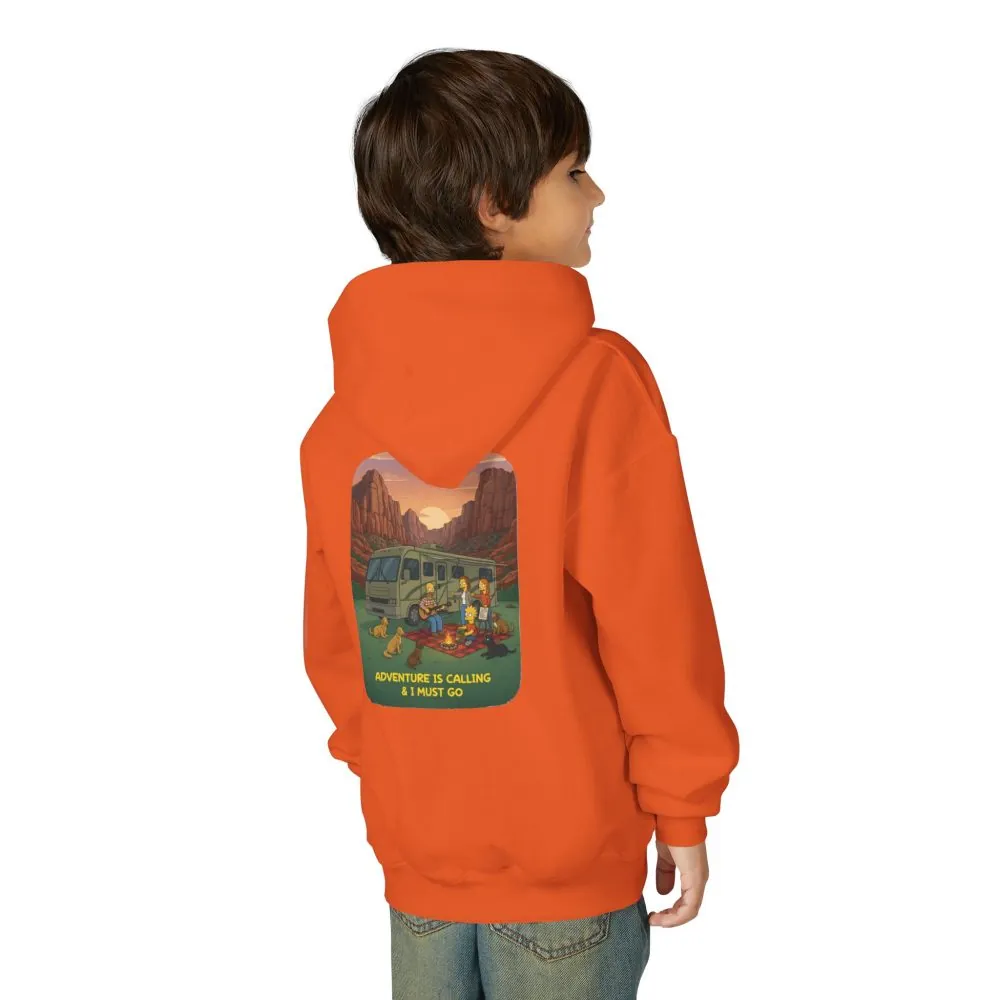 Youth Hoodie(Gildan) – "Adventure Is Calling-I Must Go" (Design Sitcom-Line)