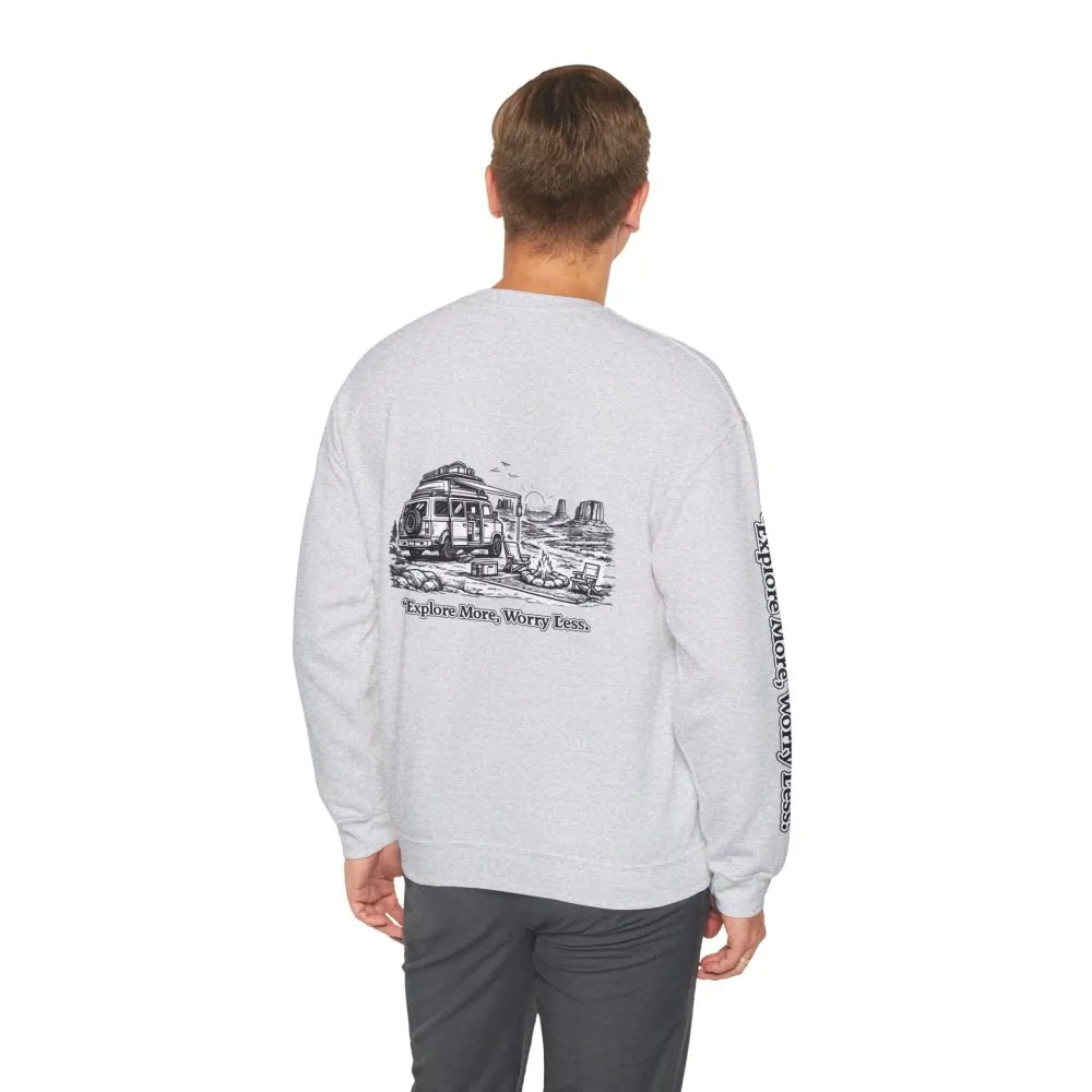 Unisex Heavy Blend™ Crewneck Sweatshirt — "Explore More Worry Less" Design Minimal-Line