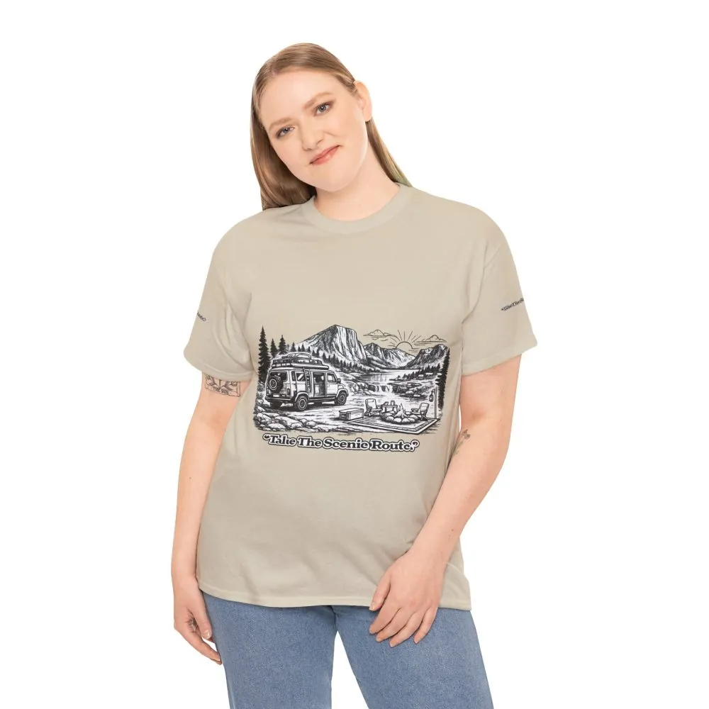 Unisex Heavy Cotton Tee — "Take The Scenic Route" Design Minimal-Line