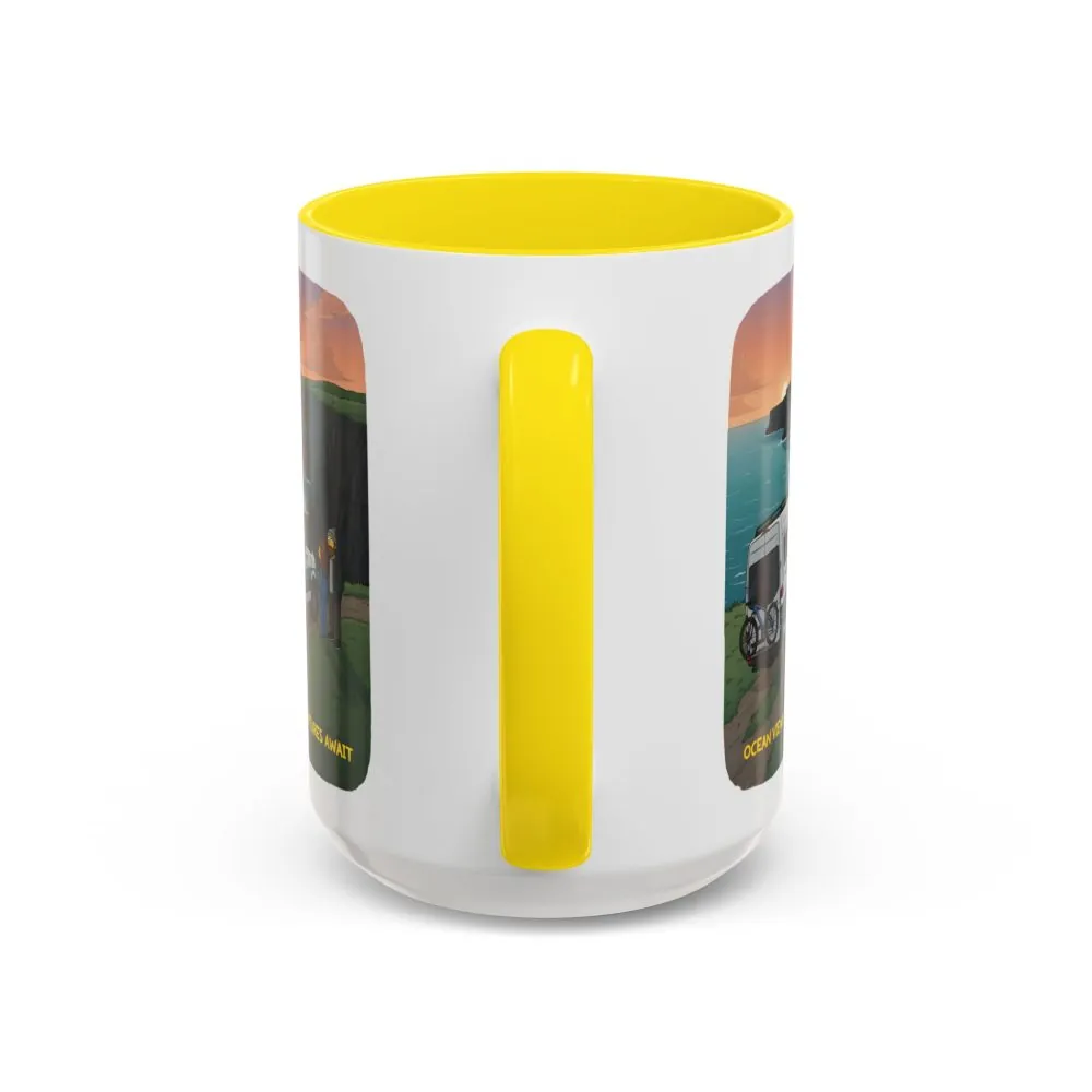 Accent Coffee Mug (11, 15oz) — "Ocean Views-Adventures Awaits" Design Sitcom-Line