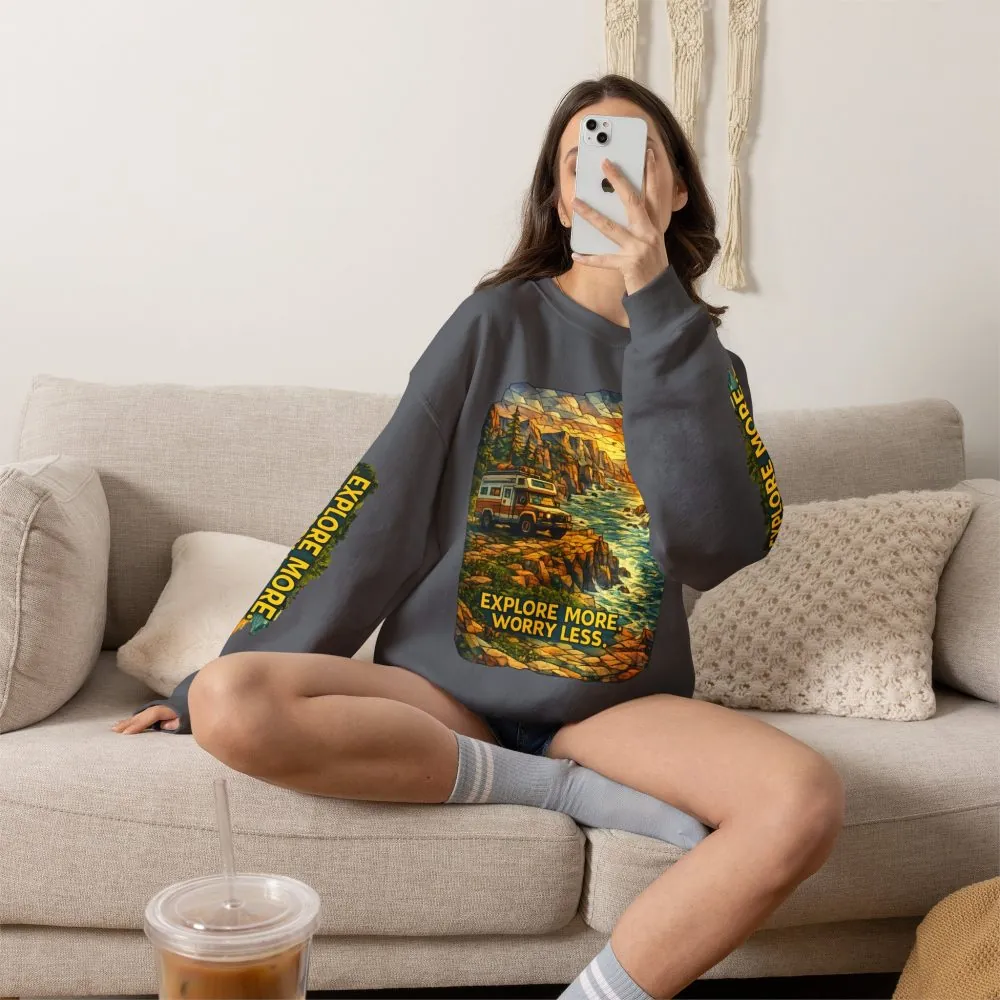 Unisex Heavy Blend™ Crewneck Sweatshirt — "Explore More Worry Less" Design Cubic-Line