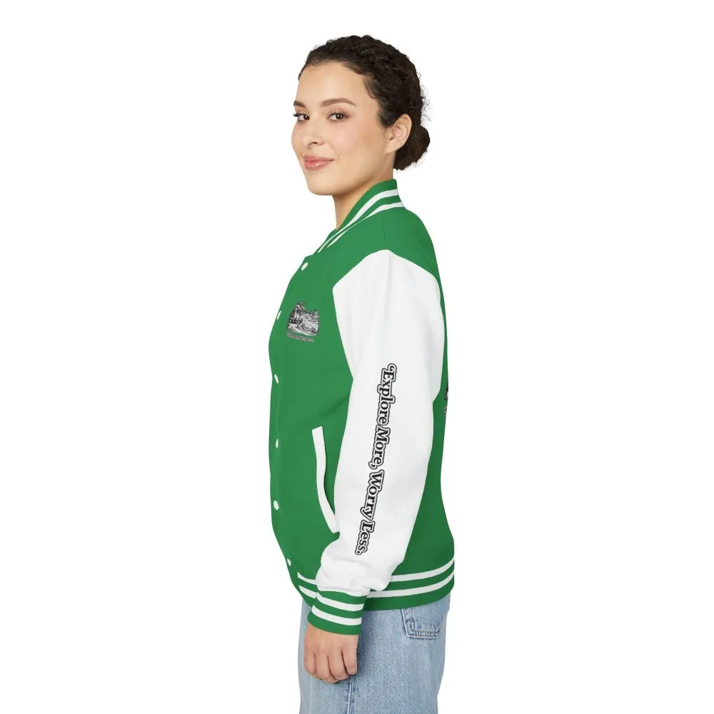 Unisex Heavyweight Letterman Jacket — "Explore More Worry Less" Travel Varsity Coat