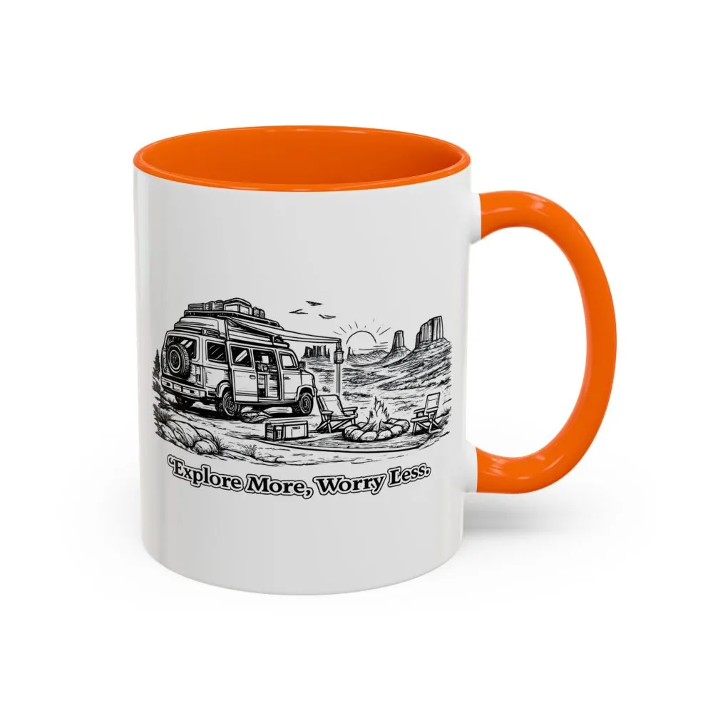 Accent Coffee Mug (11, 15oz) — "Explore More Worry Less" Design Minimal-Line