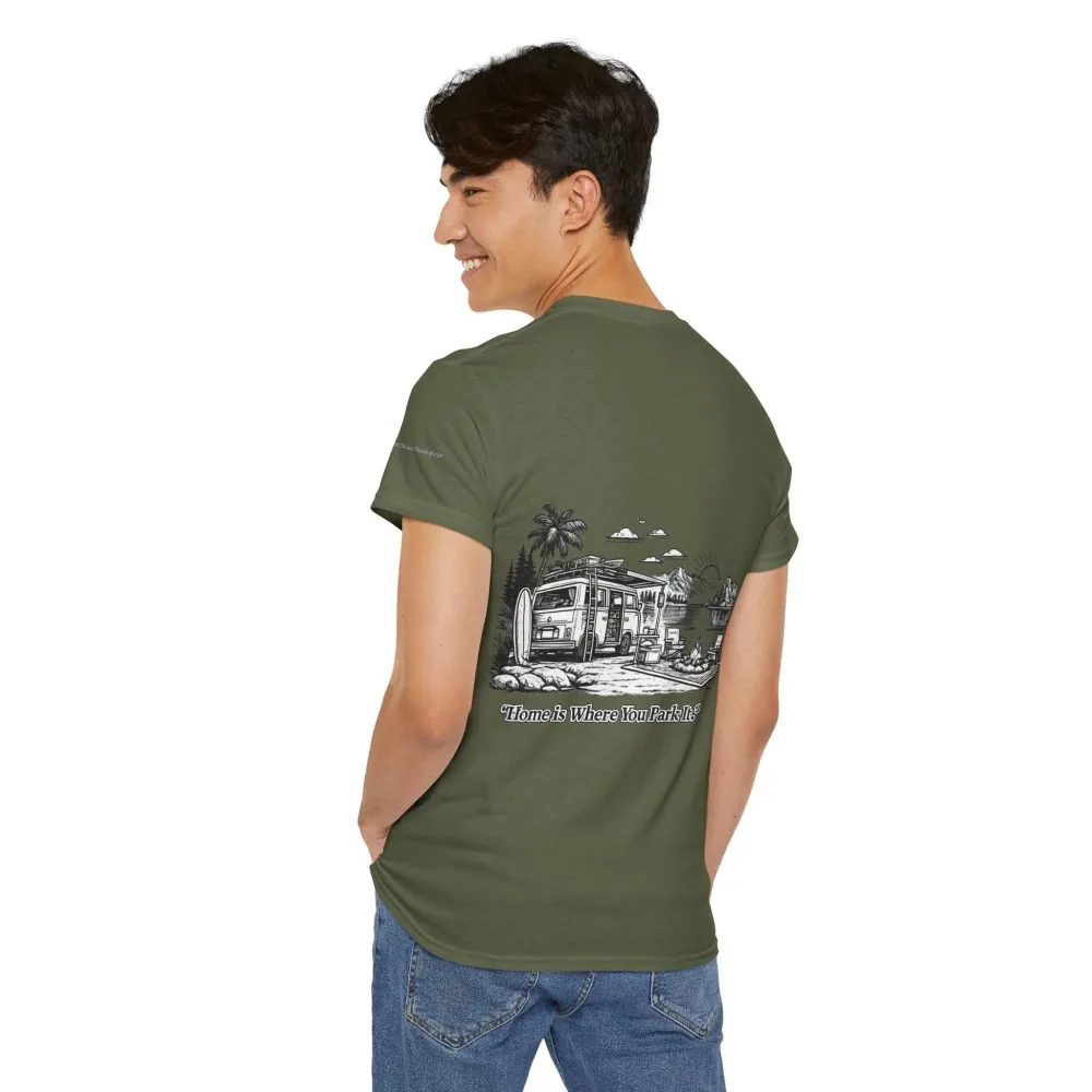 Unisex Heavy Cotton Tee — "Home Is Where You Park It" Design Minimal-Line