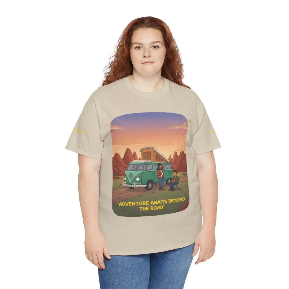 Unisex Heavy Cotton Tee — "Adventure Awaits Beyond The Road" Design Sitcom-Line