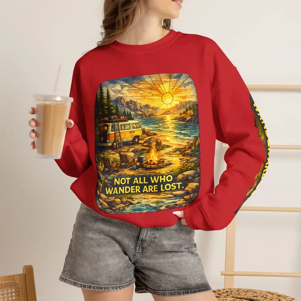 Unisex Heavy Blend™ Crewneck Sweatshirt — "Not All Who Wander Are Lost" Design Cubic-Line