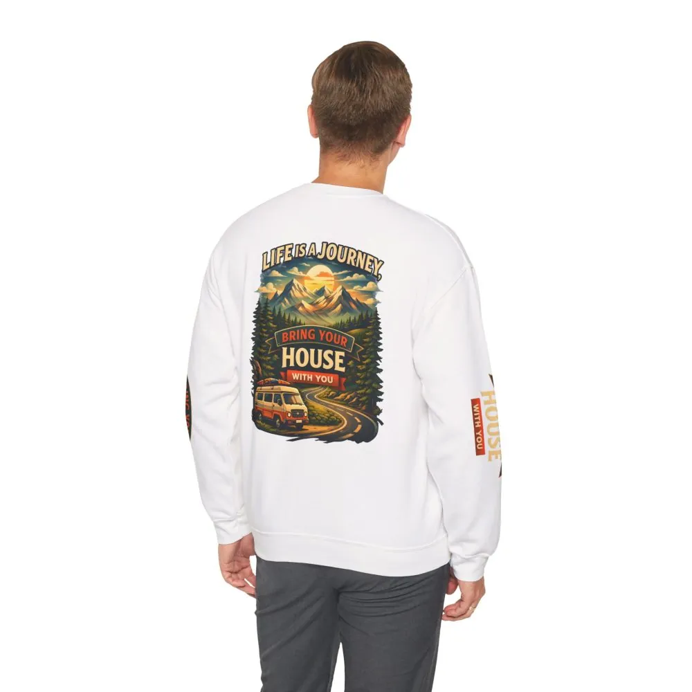 Unisex Heavy Blend™ Crewneck Sweatshirt — "Live Is A Journey-Bring Your House With You" Design Scenic-Line