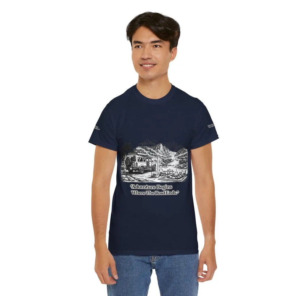 Unisex Heavy Cotton Tee — "Adventure Begins Where The Road Ends" Design Minimal-Line