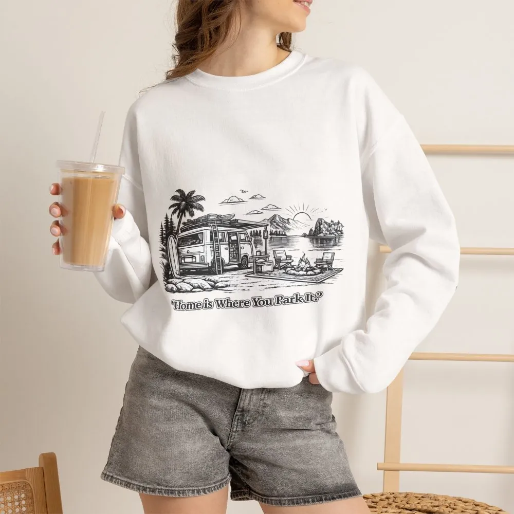 Unisex Heavy Blend™ Crewneck Sweatshirt — "Home Is Where You Park It" Design Minimal-Line