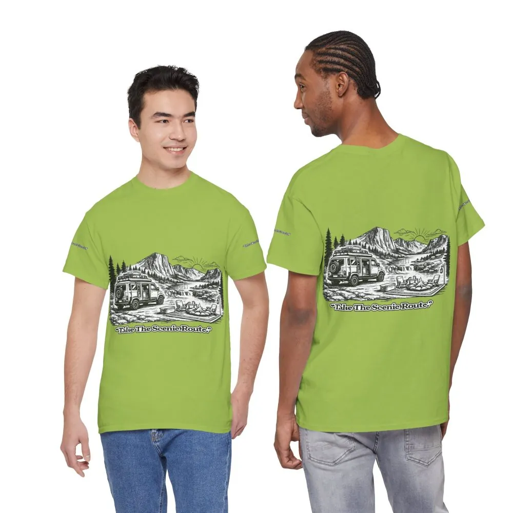 Unisex Heavy Cotton Tee — "Take The Scenic Route" Design Minimal-Line