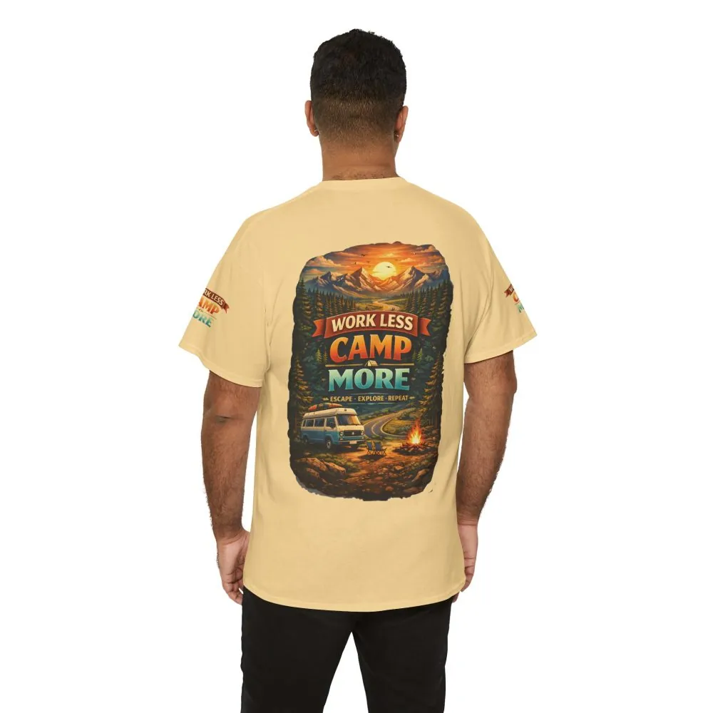 Unisex Heavy Cotton Tee — "Work Less-Camp More" Design Scenic-Line