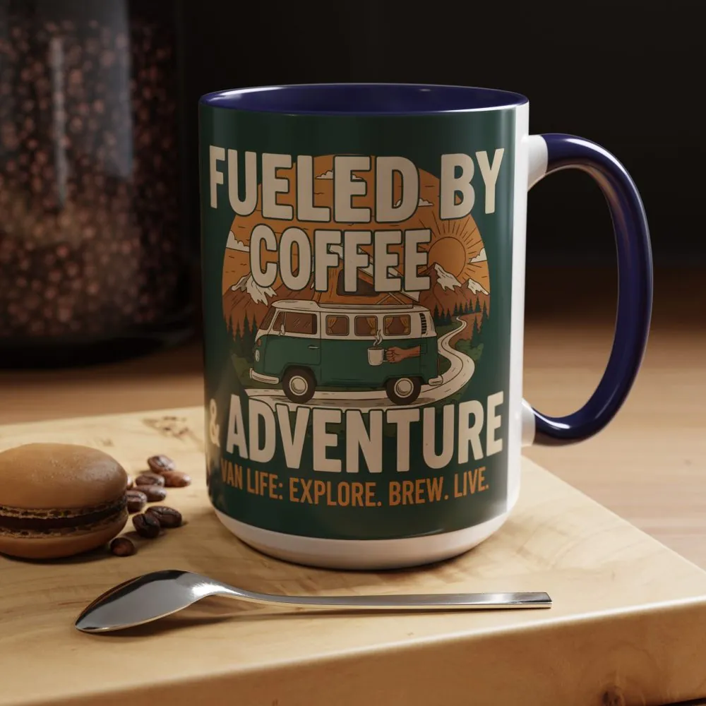 Accent Coffee Mug (11, 15oz) — "Fueled by Coffee & Adventure"
