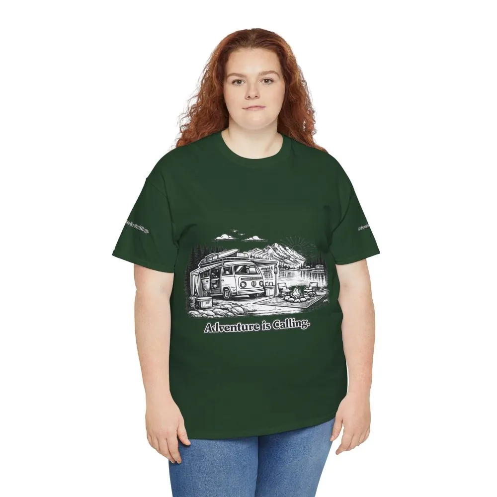 Unisex Heavy Cotton Tee — "Adventure Is Calling" Design Minimal-Line