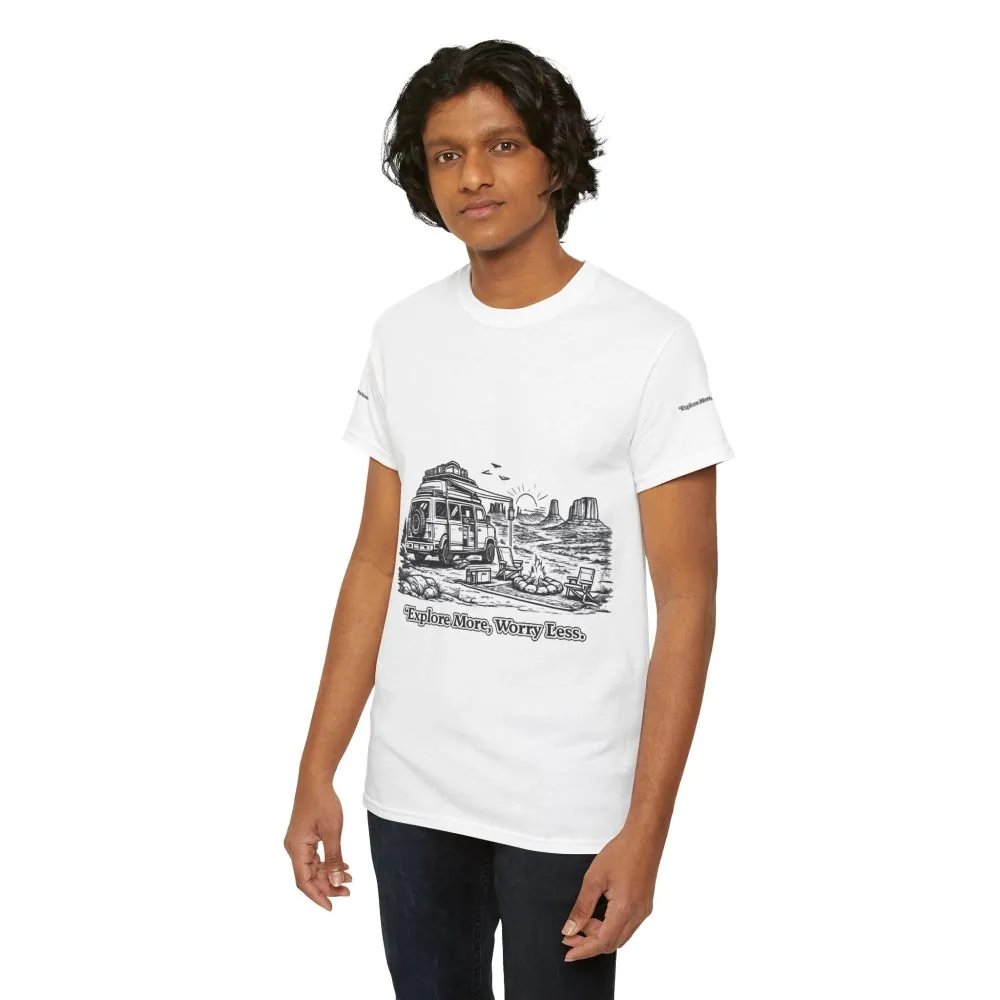 Unisex Heavy Cotton Tee — "Explore More Worry Less" Design Minimal-Line