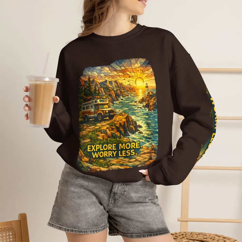 Unisex Heavy Blend™ Crewneck Sweatshirt — "Explore More Worry Less" Design Cubic-Line