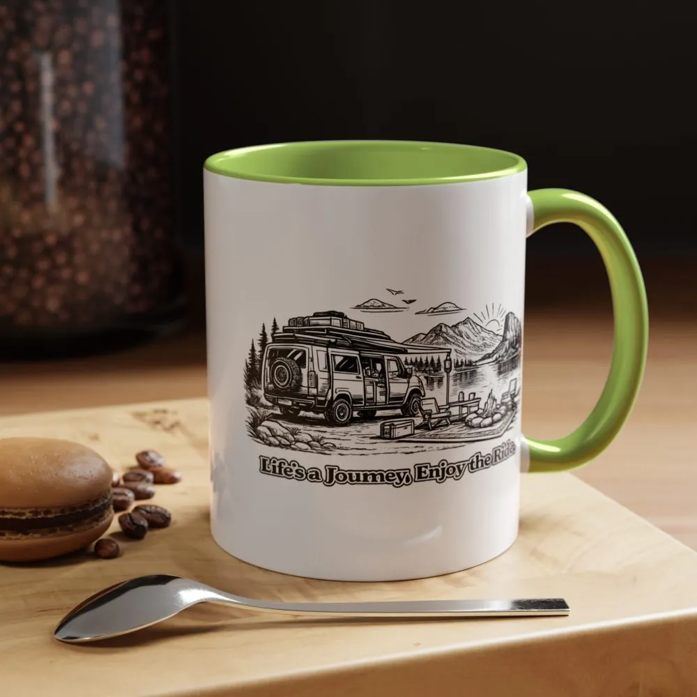 Accent Coffee Mug (11, 15oz) — "Lifes A Journey,Enjoy The Ride" Design Minimal-Line