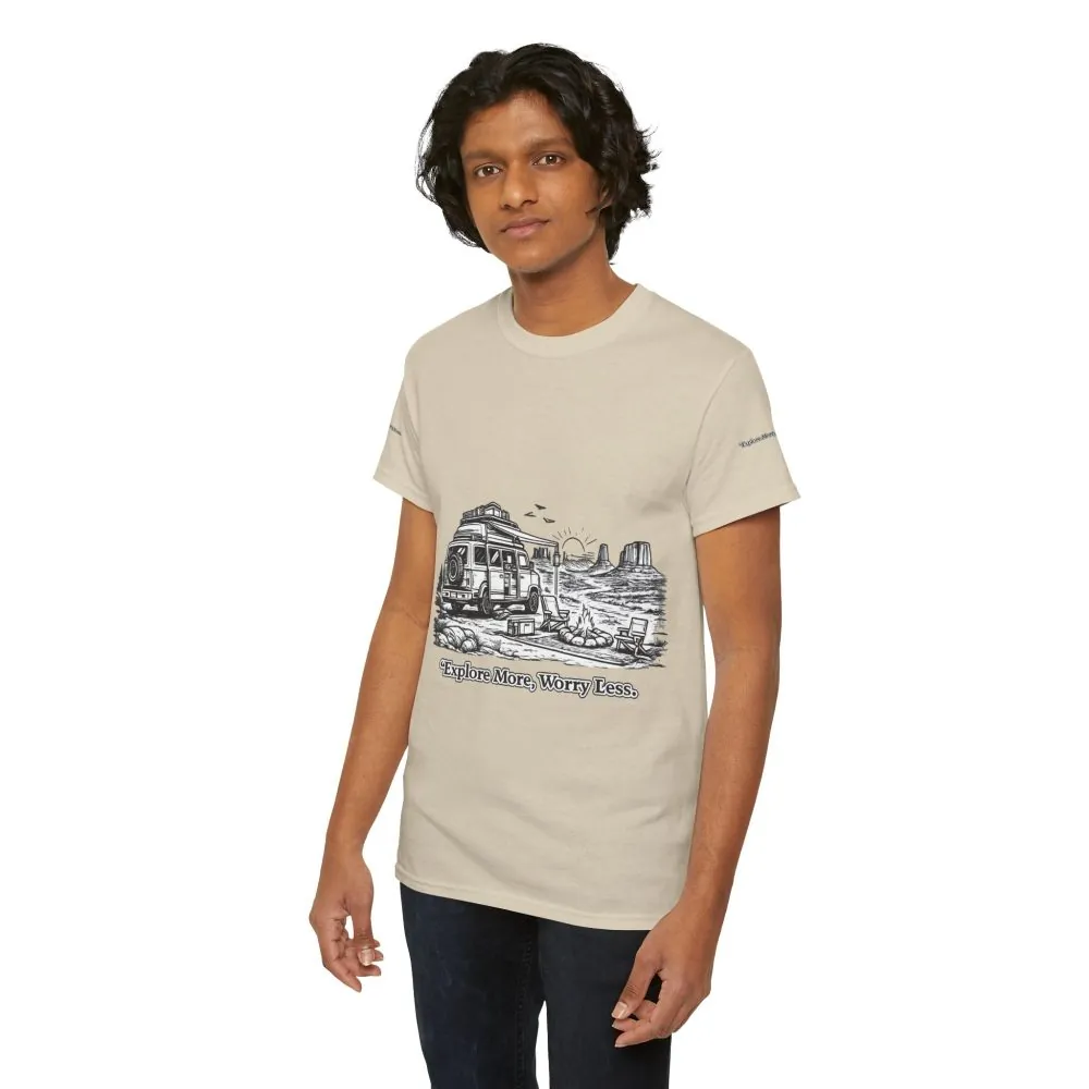 Unisex Heavy Cotton Tee — "Explore More Worry Less" Design Minimal-Line