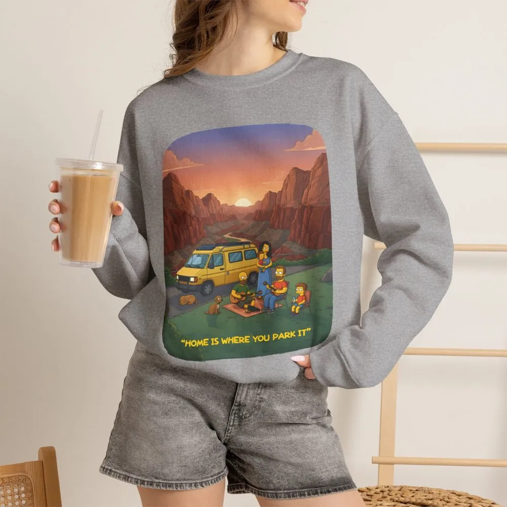 Unisex Heavy Blend™ Crewneck Sweatshirt — "Home Is Where You Park It" Design Sitcom-Line